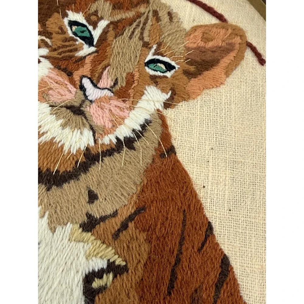 Vintage Crewel Embroidery Tiger Cub Framed Wall Art Handmade Oval Needlecraft